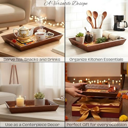 Swadeshi Blessings Hand-Painted Wooden Serving Tray Set of 3, Brown