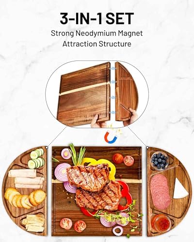 Large Acacia Wood Charcuterie Board Set, 3-Piece Magnetic Large Cheese