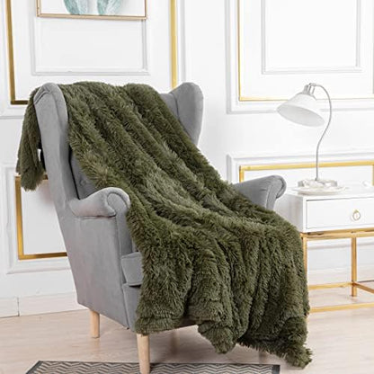 YUSOKI Long Faux Fur Throw Blanket, Olive Green,50" x 60"
