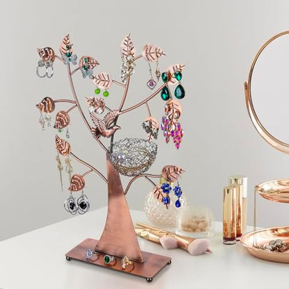 MyGift Bronze Jewelry Tree Stand with Bird Nest, Holds 48 Pairs of