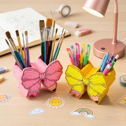 WATINC Bow Pencil and Pen Holder for Desk, 2 Pink Yellow Stationery
