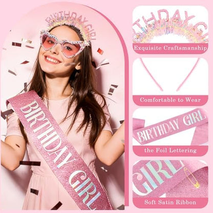 Atoden Birthday Girl Sash Glitter Headband Tiara Crown Sunglasses Pink