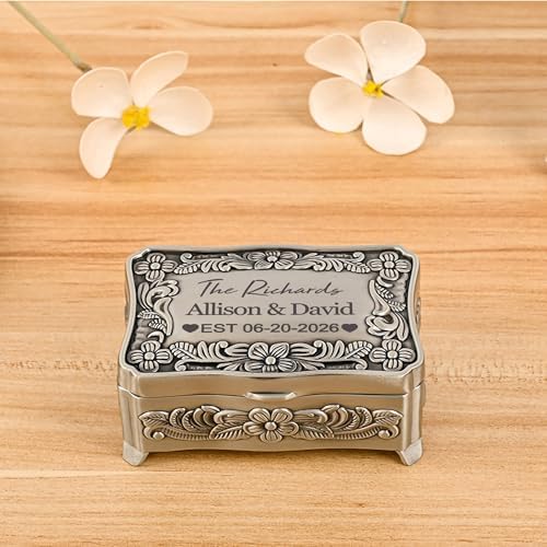 Personalized Rectangle Wedding Ring Box with Name & Date, Small