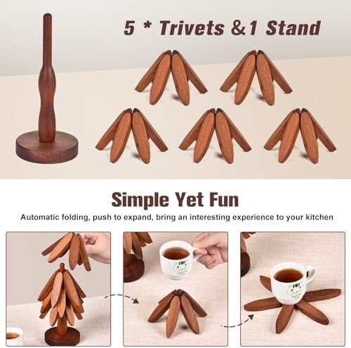 Wooden Trivets for Hot Dishes,Christmas Tree Coasters Set 5 + 1 Stand