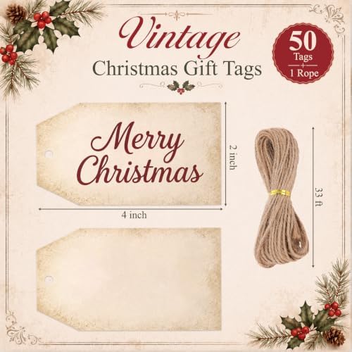 Fullhawl 50 Pcs Vintage Merry Christmas Tags with String