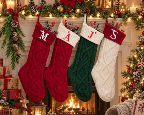 Edoneery Christmas Stockings with Initials, 18 Inch Knit Fireplace