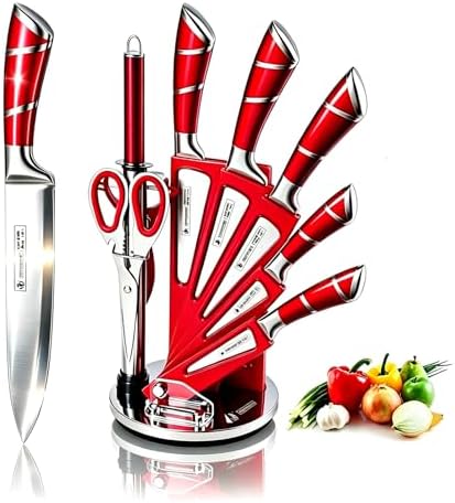 9Pcs Premium Red Kitchen Knife Set with Block,Cutlery Set for Women