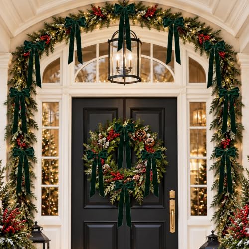 JOICEE 12Pcs Large Green Christmas Velvet Bows for Christmas Tree