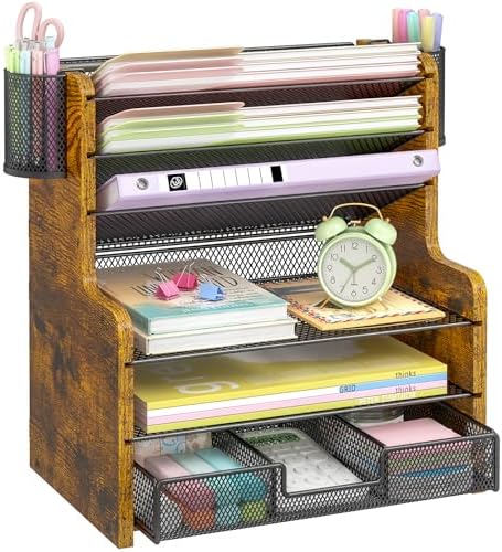 DAOUTIME 6-Tier Mesh Desk Organizer with Drawer, Wooden Office
