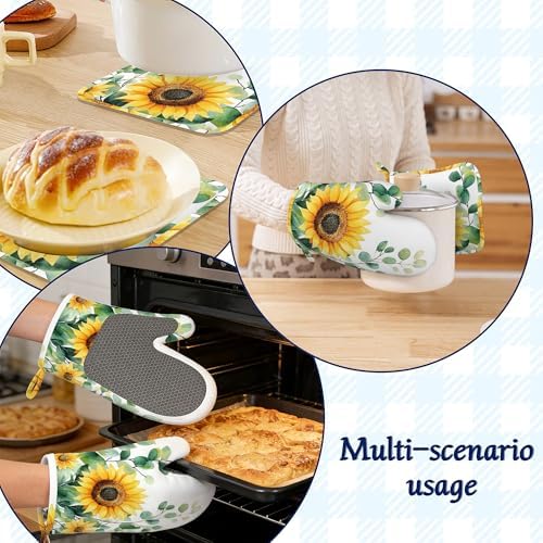 Sunflower Flowers Oven Mitts and Pot Holders Sets of 4 Watercolor