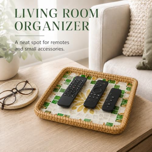 Shell Inlay Rattan Tray, 8.66 in Square Entryway Key Basket (Yellow)