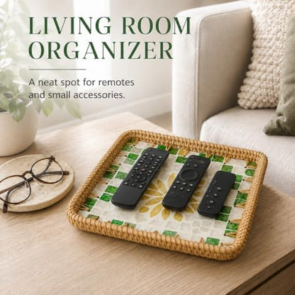 Shell Inlay Rattan Tray, 8.66 in Square Entryway Key Basket (Yellow)