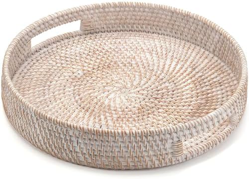 11.8" Round Rattan Tray, Hand Woven Serving Tray with Handles, Wicker
