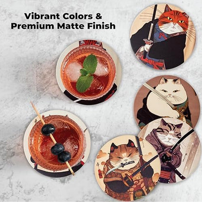 Ninja Cat Coasters Set of 6 - Cat Gifts for Men Anime Decor, Funny