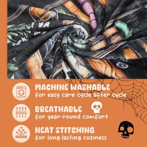 Halloween Skull Bookshelf Throw Blanket Soft Flannel Cozy Gothic