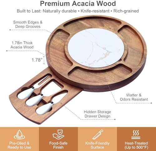 13.5" Round Acacia Wood Cheese & Charcuterie Board Set with Slate