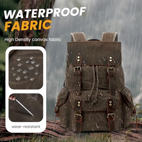 HuaChen Vintage Waxed Canvas Backpack with Genuine Leather Flap