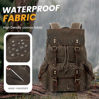 HuaChen Vintage Waxed Canvas Backpack with Genuine Leather Flap