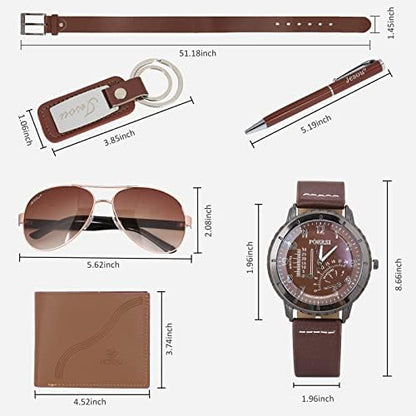 6pcs Men's Gift Set with Box Brown Leather Belt Wallet Watch Glasses