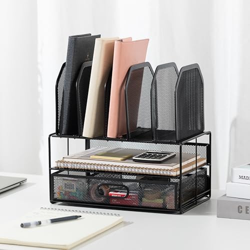 Amazon Basics Mesh Desk Organizer with Sliding Drawer, Double Tray and