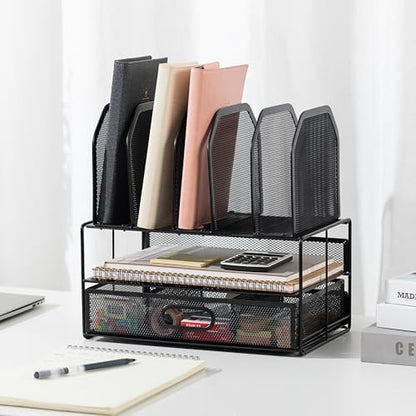 Amazon Basics Mesh Desk Organizer with Sliding Drawer, Double Tray and