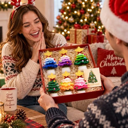 Soaoo 6 Sets Crochet Christmas Tree Gifts with Merry Christmas Cards