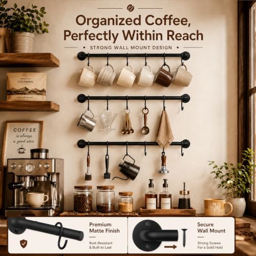 Wall Mounted Coffee Mug Holder, 2 Pack Coffee Cup Rack with 10