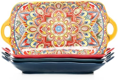 Boho Ceramic Serving Platters with Handles Set of 4, 12Inch Large