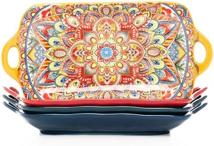 Boho Ceramic Serving Platters with Handles Set of 4, 12Inch Large