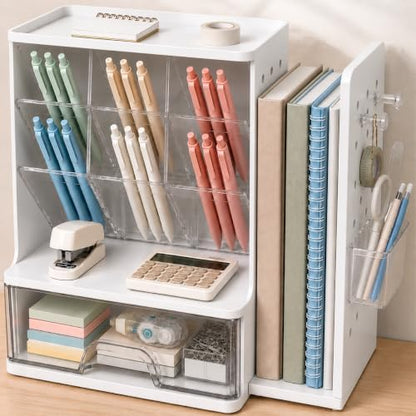 Sooez Desk Organizer with Bookends, Pegboard & Drawer, Pen & Pencil