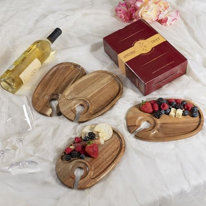 Wine Glass Holder Plates – Acacia Wooden Appetizer & Snack Plates for