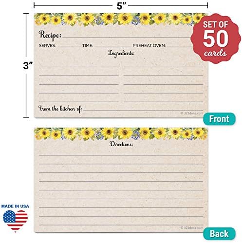 321Done Blank Recipe Cards, Small 3x5, Set of 50, Sunflowers on Tan