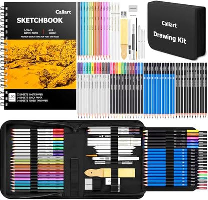 Caliart 176PCS Art Supplies Sketching Kit, 100 Sheets 3-Color Sketch