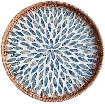 Mother of Pearl Tray Round Rattan Tray with Mother of Pearl Inlay