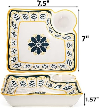 Noamus 4 Pack Dumpling Plate with Dipping Saucer, 7.5" Ceramic