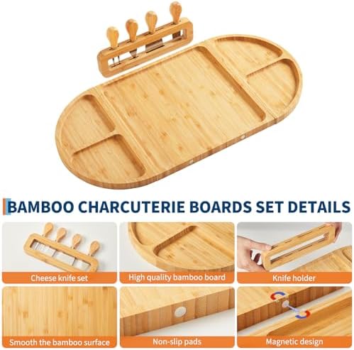 Extra Large Bamboo Cheese Platter Board Set with Magnetic Knife Holder