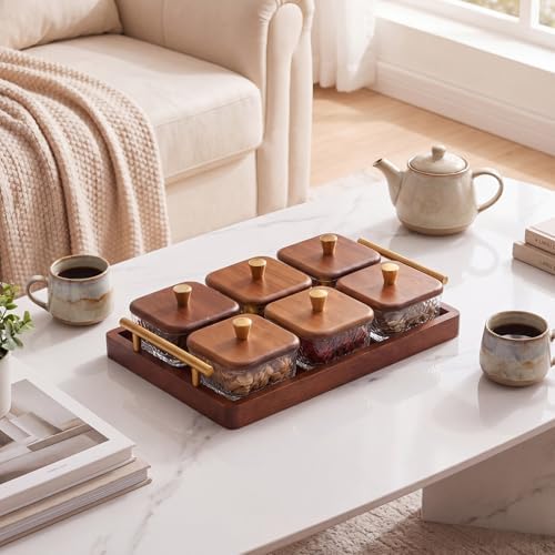 Domensi 6 Glass Snackle Box with Wood Tray and Lids Dry Fruit