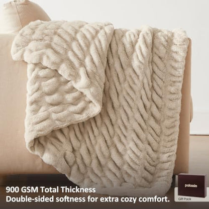 palassio Double-Sided Ruched Faux Fur Throw Blanket, Oatmeal, 50" x