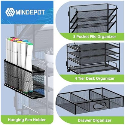 MINDEPOT 4-Tier Paper Organizer + 3-Pocket File Holder + Drawer + Pen
