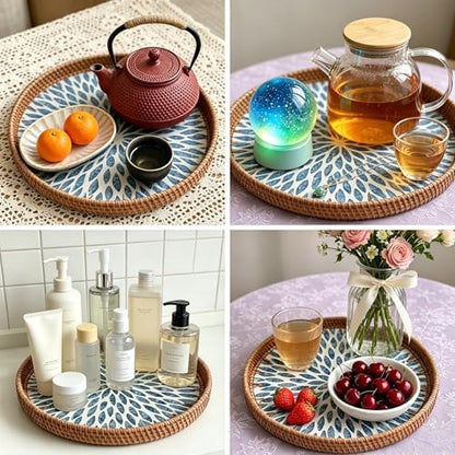 Mother of Pearl Tray Round Rattan Tray with Mother of Pearl Inlay