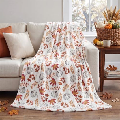 Horaldaily Fall White Pumpkin Orange Leaves Flannel Throw Blanket