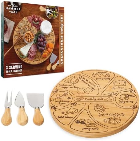 Hammer + Axe Charcuterie Board Set, Round Lazy Susan Bamboo Tray with