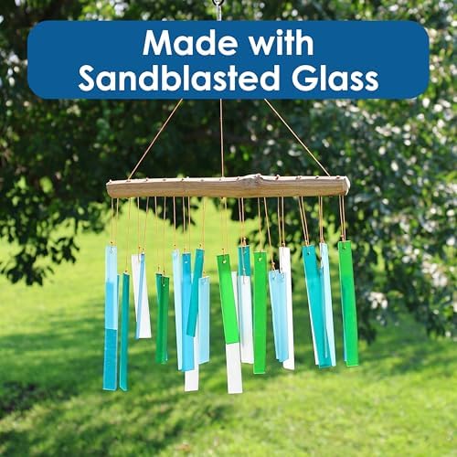Ocean Blue Sea Glass Driftwood Wind Chime, Handcrafted Coastal