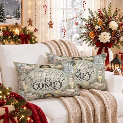 Cozy Comfortable Fireplace Quote Throw Pillow Covers 12x20 Set of 2