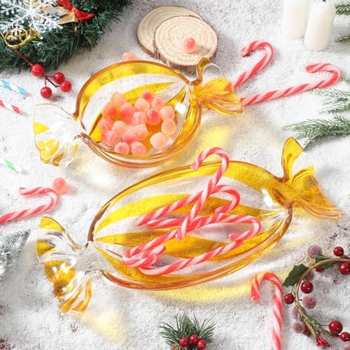 Christmas Dish Gift, Yellow Set of 2 Glass Candy Platter Serving
