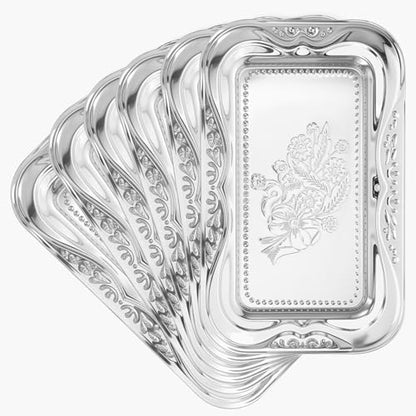 6 Packs Silver Serving Trays, 13.8" x 8.7" Bow Floral Engraved Mirror