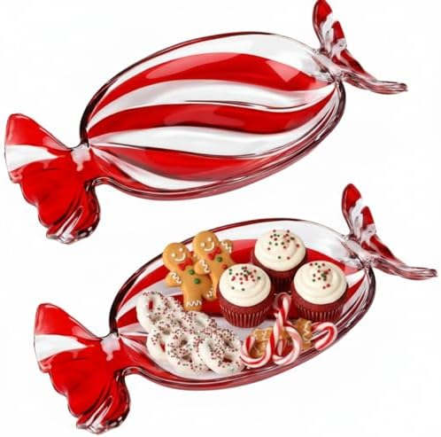 Uiifan 2 Pcs Christmas Candy Dish Glass Tray Peppermint Stripe, Red