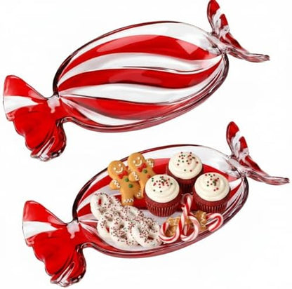 Uiifan 2 Pcs Christmas Candy Dish Glass Tray Peppermint Stripe, Red