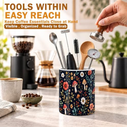 Navy Woodland Mushrooms Ceramic Kitchen Utensil Holder 6.3"