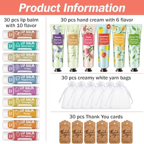AZEN 30 Sets Bulk Gifts, Hand Cream and Lip Balm Bulk Set with Organza
